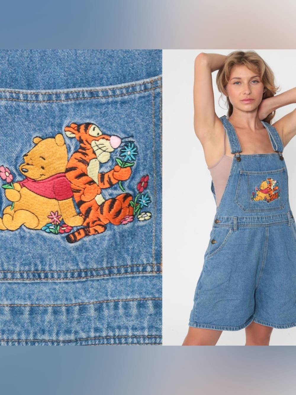 Vintage Denim Winnie the Pooh & Tigger Embroidered Short Overalls